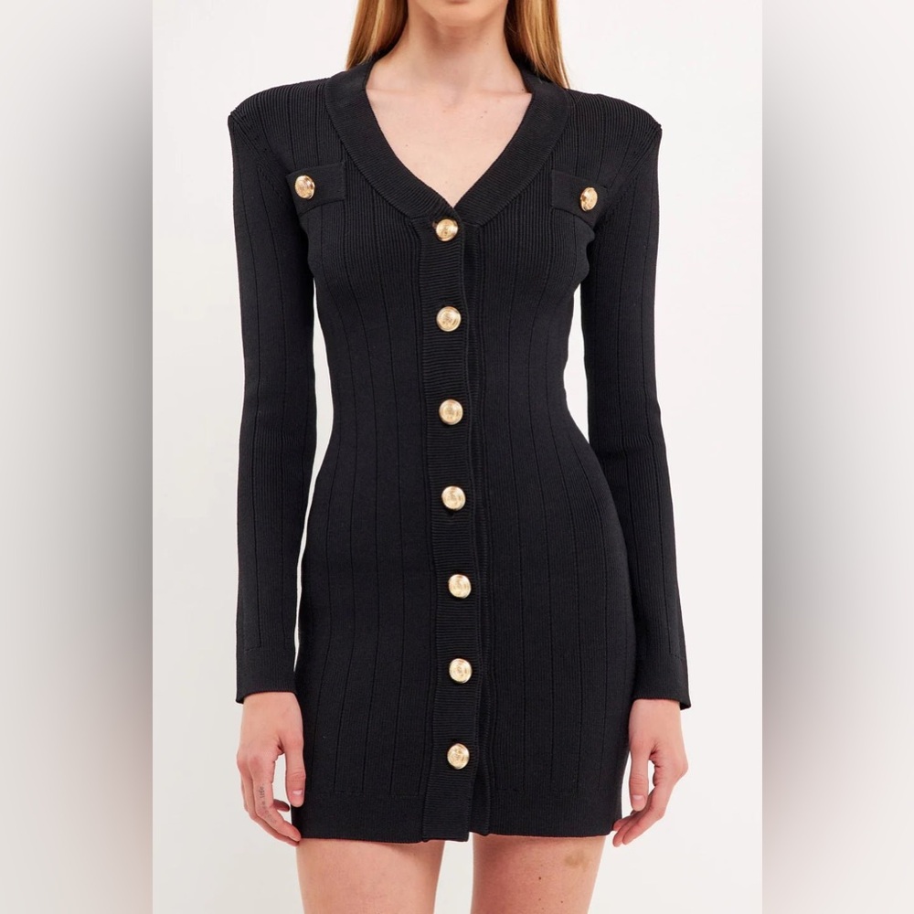 Endless Rose Shank Button V-Neckline Knit Mini Dress